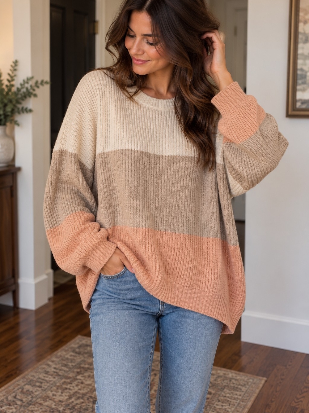 Hollister Colorblock Crewneck Sweater in Peach, Taupe & Cream